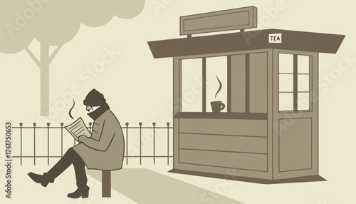 Man sitting near small tea stall reading newspaper, hot cup beside him, thick fog covering background, early winter morning atmosphere.