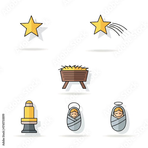 Flat vector illustration of a Christmas celebration scene featuring a manger, swaddled baby Jesus, and a shining star, with a festive and joyful mood against a clean white background.