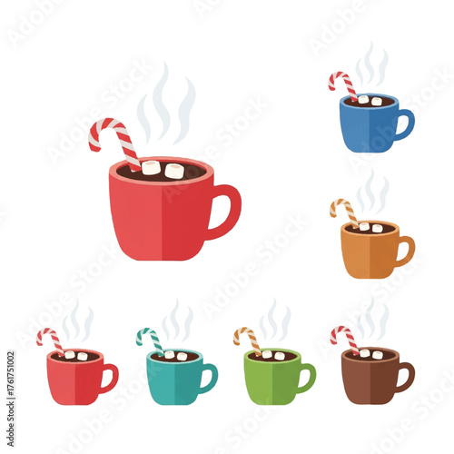 Flat vector illustration of colorful mugs with marshmallows and candy canes for a Christmas celebration on a white background.