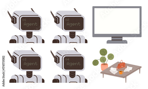 Four AI robot heads labeled as agents, blank monitor, desk with documents, plant, and bag. Ideal for AI, technology, automation, digital workspace innovation modern office simple flat metaphor