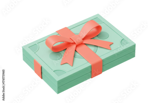 Stack of mint green money with coral bow isolated PNG, financial gift concept for business and personal use on transparent background
