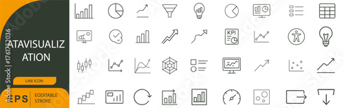 Data Visualization Line Icon Set – Symbols of Analytics, Charts, and Insightful Presentation
