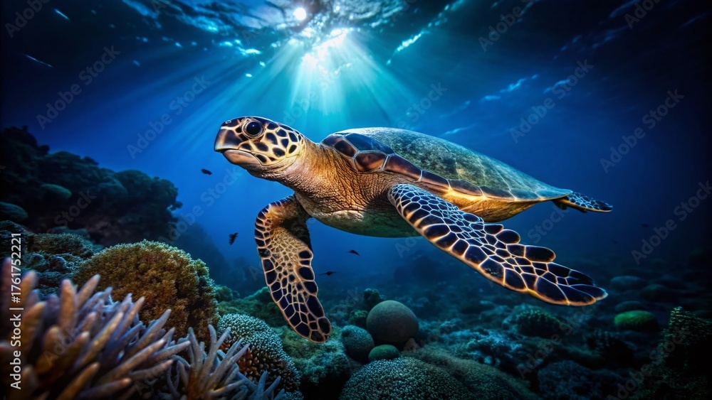 Obraz premium Hawksbill Turtle Night Dive Raja Ampat, Indonesia - Low Light Underwater Photography