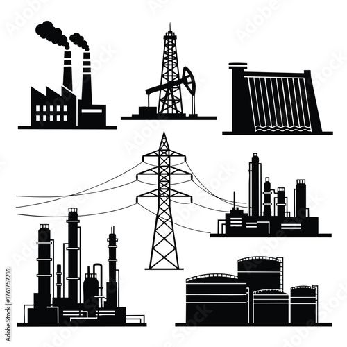 A collection of black industrial silhouettes depicting factories power plants an oil derrick and a dam.