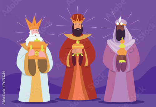 Three Wise Men, Reyes Magos Vector Illustration on Purple Background.