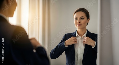 A confident businesswoman adjusting her professional suit in the mirror, getting ready for a job interview or important meeting. Focus on success, preparation, and professional career.
