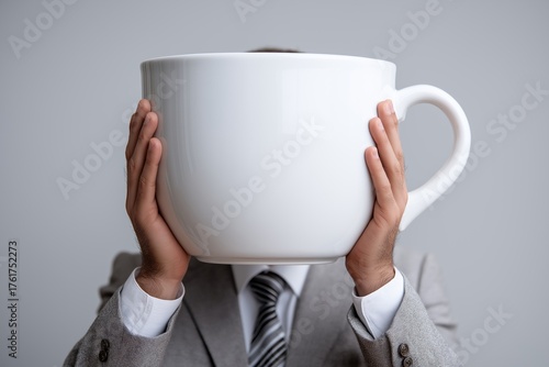 A businessman in a gray suit holding a huge white coffee cup in front of his face on a neutral background, symbolizing fatigue and dependence on caffeine