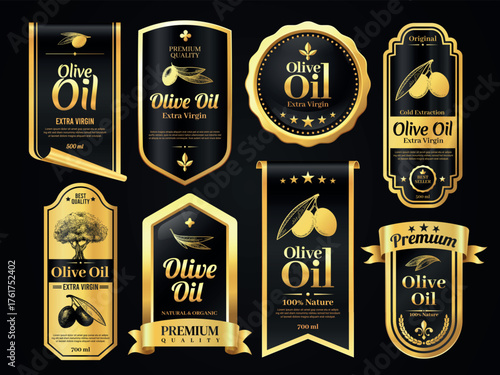 Olive oil label. Organic products premium quality labels with engraved olives, natural award badges for bottle packaging design. Vector olive banners collection