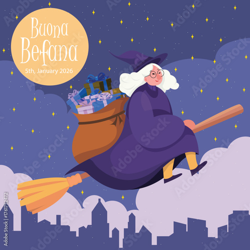 Buona Befana Illustration, Witch on Broom with Gifts