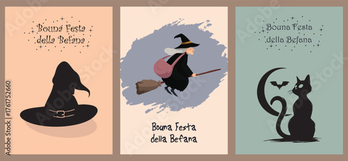 Bouna Festa della Befana Vector Illustration. Witch, Hat and Cat.