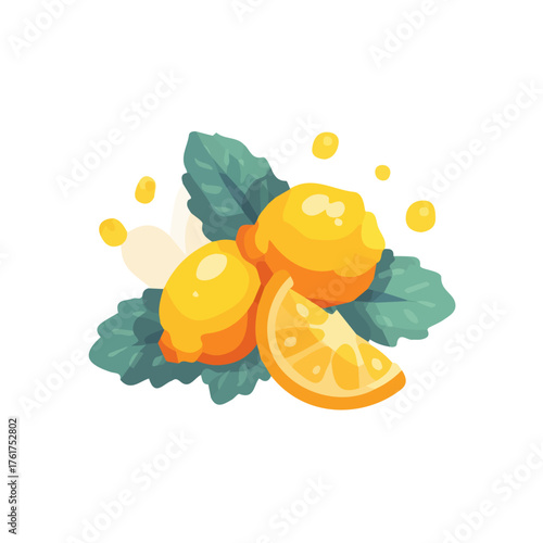 An EPS format illustration, A Simple 2D lemon balm leaves illustration isolated on a white background, vector, simple flat 2D icon, minimalist design, fruit collection