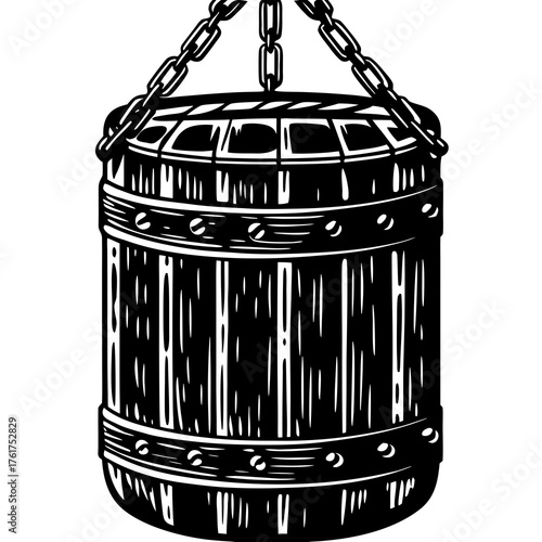 Vintage Punching Bag: A classic illustration of a punching bag, suspended by chains, evokes the spirit of strength and discipline, ready for action.