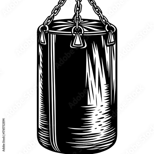 The Strength of Training: A graphic depiction of a heavy punching bag, suspended by sturdy chains, signifies resilience, strength, and dedicated training for martial arts. 