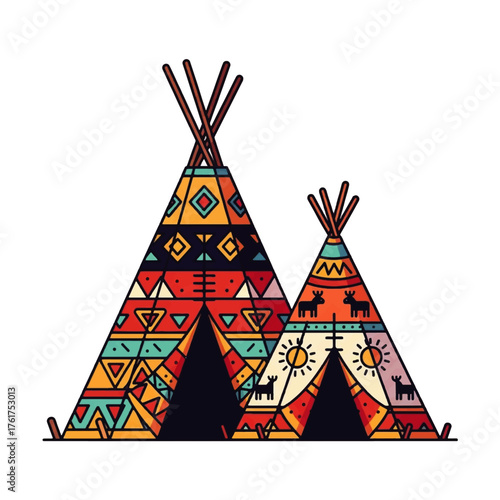 Illustration of two colorful teepees with traditional Native American patterns on a white background, symbolizing National Native American Heritage Month.
