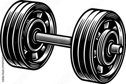 Dumbbell in Perspective: A striking monochrome depiction of a barbell, highlighting the strength and power associated with physical fitness and gym training.