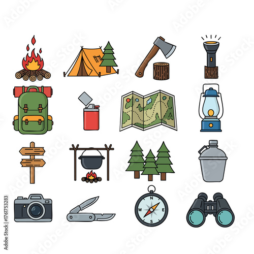 A colorful collection of sixteen handdrawn style icons for camping hiking and outdoor adventure gear.