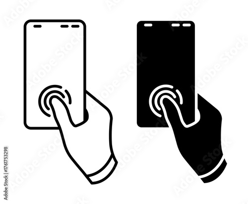 Linear icon. Smartphone user hand confirms login to personal account by scanning their fingerprint. Simple vector isolated on white background