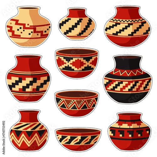 Illustration of a collection of traditional Native American pottery and bowls with intricate designs celebrating National Native American Heritage Month against a clean white background.