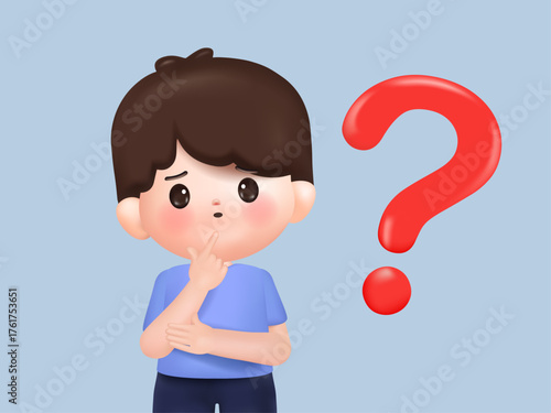 Confused cute man thinking in a thoughtful pose with question mark. Choice, problem solving concept. 3d vector people character. Cartoon minimal style.