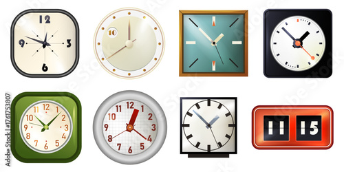 Set of vector realistic clock. Table retro timepiece collection. Isolated digital and analog watch. Round or square time face with hands. Icon of alarm dial. Indoor timer display. Decorative wall item