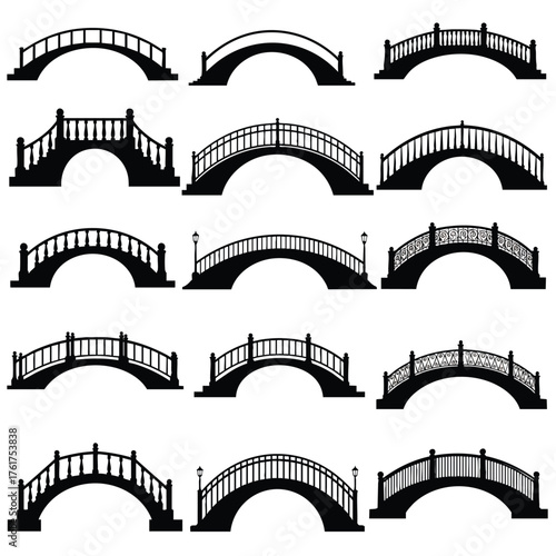 A diverse collection of black arched bridge silhouettes showcasing various architectural styles and railing designs.