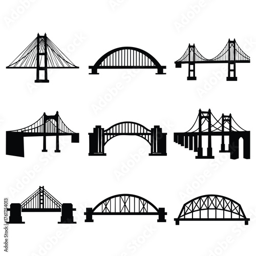 A diverse collection of nine black bridge silhouettes showcasing various architectural engineering styles.