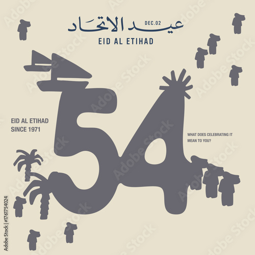 Eid Al Etihad - Union Day of UAE. National Day of 54 Years Anniversary. (Translate of Arabic Text: Arabic Translate: Sustainability, The Emirates). Vector Illustration.