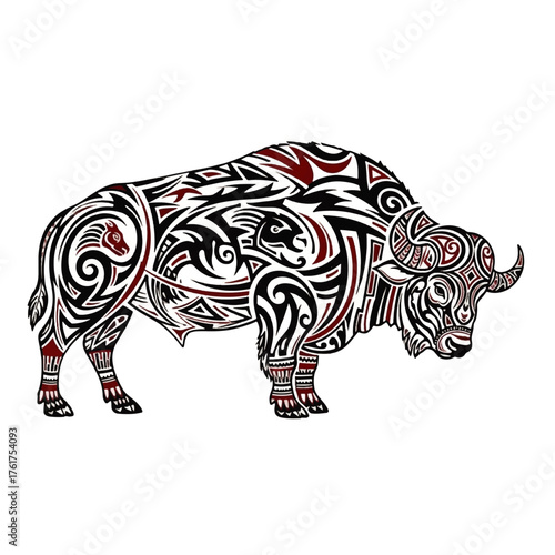 Illustration of a bison with traditional Native American tribal patterns and designs on its body, set against a clean white background, celebrating National Native American Heritage Month.