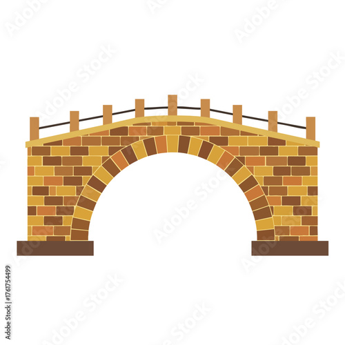 A rustic stone arch bridge with a wooden railing depicted in a flat vector illustration style.