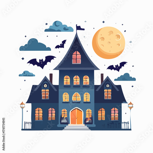 Spooky Halloween Mansion under Moonlight with Bats Illustration