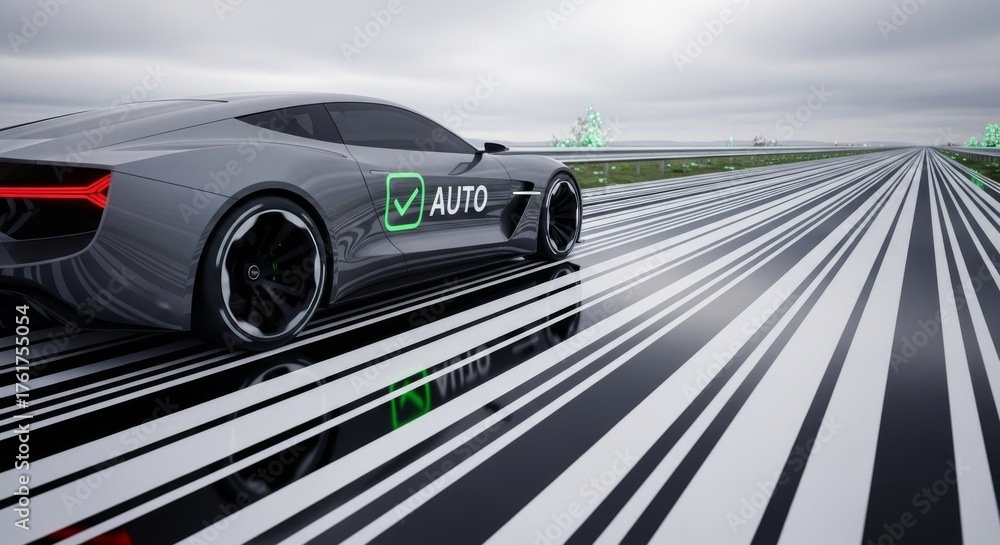 Fototapeta premium Futuristic autonomous car driving on a conceptual barcode road.