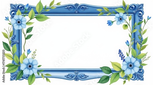 A decorative blue floral frame featuring blue flowers and green leaves, providing a beautiful border for text or images.