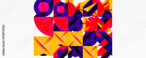 Abstract geometric composition. Vivid colors, shapes overlap creating dynamic visual texture. Modern design, bold contrasts present.