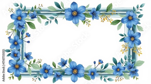A beautiful floral frame featuring blue flowers and green leaves, perfect for decorative purposes or invitations.