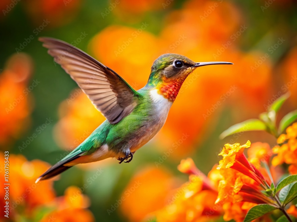Fototapeta premium Hummingbird in Flight Near Vibrant Orange Flowers - Rule of Thirds Composition