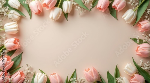 A beautiful arrangement of pink and white tulips with greenery, creating a delicate floral border on a soft, neutral background.
