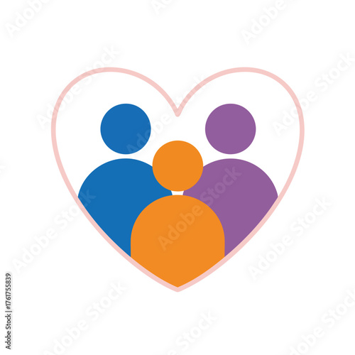 Colorful abstract icon of a family of three in blue purple and orange enclosed within a loving heart symbol.