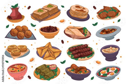 Set of Arabian food or Arabic meal. Vector middle east dish or Asian nutrient. Snack and appetizer, drink. Shawarma and shakshuka, falafel and hummus, goat curry, couscous, baklava, dolma, tea, kebab.