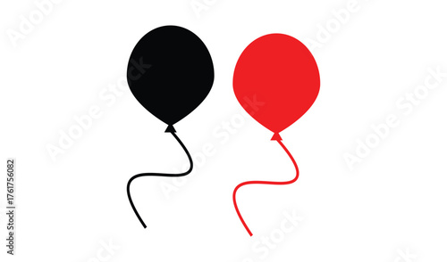 Two balloons one black one red floating on white background