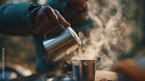 Pouring hot drink into metal cup during outdoor camping morning