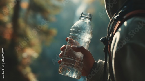 Traveler holding plastic water bottle in sunlight during mountain hike