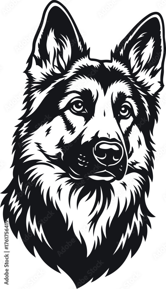 Naklejka premium German Shepherd Dog Head Vector Portrait. Black and White Monochromatic Illustration for Logo, Decal, or T-shirt Print