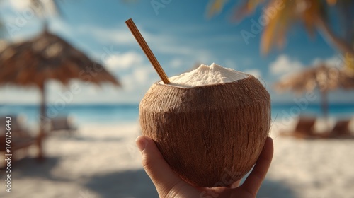 Fresh coconut drink with straw on tropical beach vacation