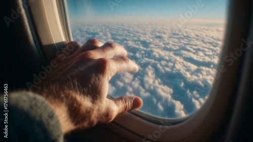 Traveler Hands looking out airplane window at clouds and sky view