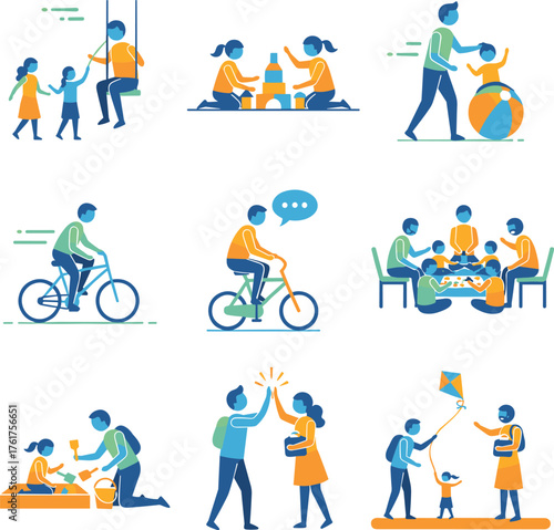 A Flat Vector Icon Set of Family Activities, Parenting, and Playing with Children