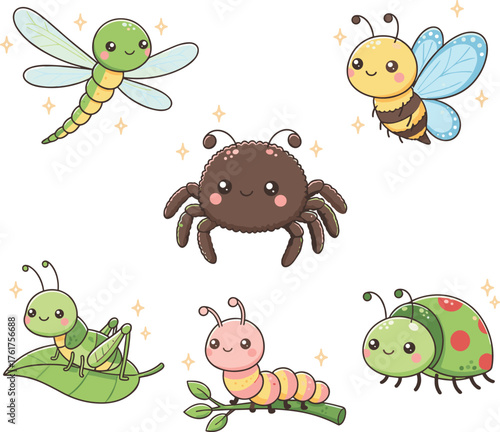A Vector Illustration Set of Cute Kawaii-Style Insects with Smiling Faces