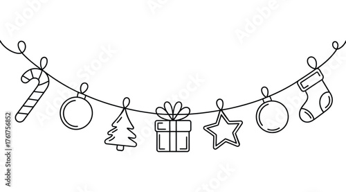Christmas ornament string with candy cane, baubles, tree, gift, star, and stocking in minimalist line art for festive seasonal design