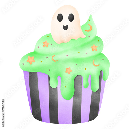 Watercolor illustration of a cupcake with vibrant green swirl frosting and a ghost figure, perfect for festive Halloween bakery designs.