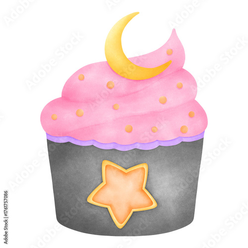 Watercolor illustration of a pastel pink and orange cupcake topped with a star and crescent moon, a magical spooky seasonal dessert.