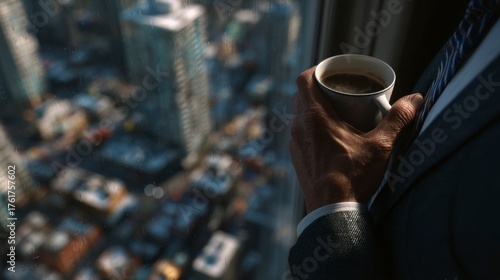 Businessman holding coffee cup overlooking city skyline